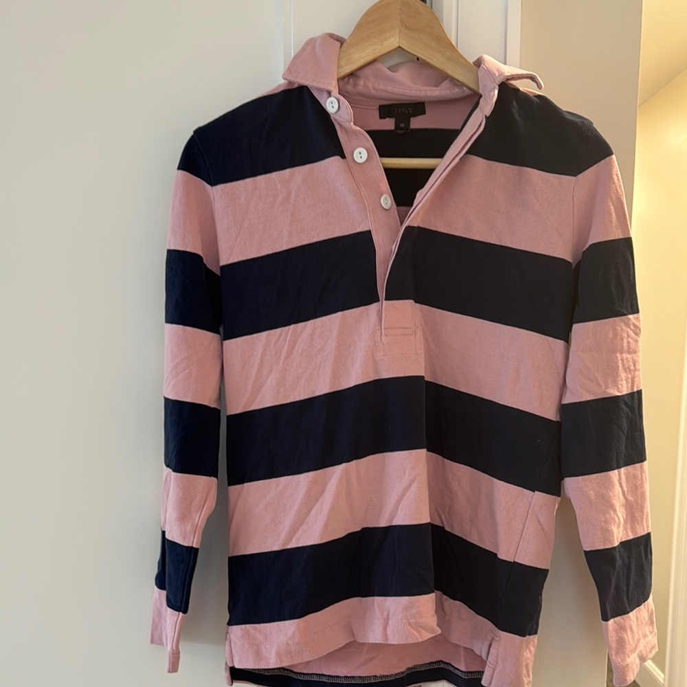 J Crew Women’s Pink and Navy Blue Striped Long Sleeve Shirt Rugby Shirt